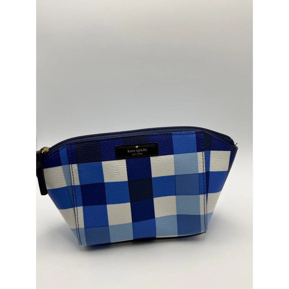 Kate Spade New York Blue Gingham Check Saffiano Cosmetic Makeup Bag Pouch Zip